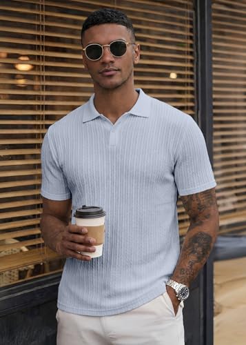 Image of JMIERR Mens Casual Polo Shirt Summer Short Sleeve Vacation Button Beach Knit Stretchy Golf Shirts