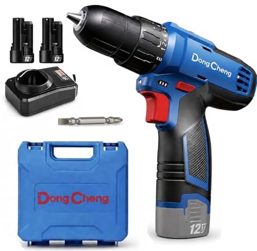 Image of DongCheng DCJZ1202E Cordless Drill Driver, 10mm, 12V Li-Ion Battery Drill Machine with 2 x 2.0Ah Batteries, 35Nm Torque, 2-Speed for Drilling & Screw Driving