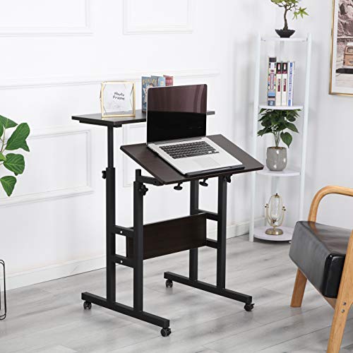 Qwork 2-Tier Mobile Standing Desk Stand Up Desk Height Adjustable Laptop Desk Home Office Workstation Ergonomic Sit-to-Stand Table Tilting Computer Desk on Wheels for Home Office School, Black