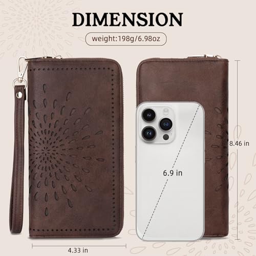 Image of APHISON Wallet Women Large Capacity Clutch Purse For Ladies Card Holder RFID Wristlet Phone Zipper Coin Travel Pocket, 01-coffee, 8.2 inch x 4.33 inch x 1 inch