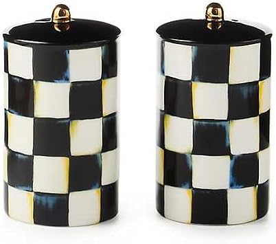 MACKENZIE-CHILDS Farmhouse Salt and Pepper Shaker Set, Ceramic Salt and Pepper Holders, Black-and-White Courtly Check