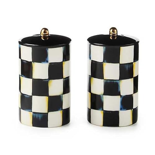 MACKENZIE-CHILDS Farmhouse Salt and Pepper Shaker Set, Ceramic Salt and Pepper Holders, Black-and-White Courtly Check