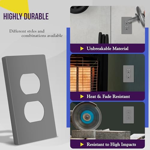 Image of ENERLITES Screwless Duplex Wall Plate, Child Safe Receptacle Outlet Cover, Standard Size, 1-Gang 4.68 inch x 2.93 inch, Unbreakable Polycarbonate Thermoplastic, UL Listed, SI8821-GY-5PCS, Gray, 5 Pack