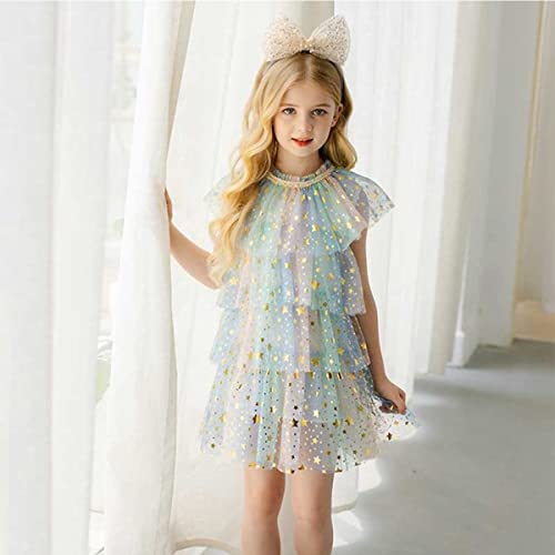 Toddler Baby Girl Sequins Dress Sleeveless Rainbow Stars Print Mesh Tulle Dress Summer Layered Princess Cake Dress (Colorful Cake Dress, 7-8 Years) #TOP1