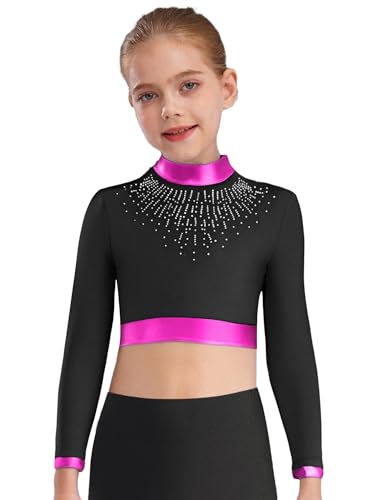 FEESHOW Kids Girls Crop Tops Sparkle Cutout Back Gymnastics Dance Tops Workout Athletic Dance Tee Shirts