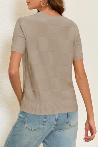 Image of Cakulo Women's Short Sleeve Summer Sweater Knit Tops | Checkered Pattern, Crew Neck, Lightweight Knit, Pullover Sweaters, Business Casual Work Tops Basic Clothes