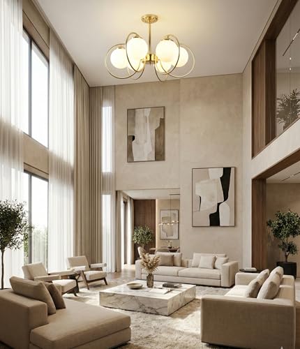 Image of WOKE Metal Mid-Century Modern 6-Light Chandelier with 6 Rings Glass Ball Shades | Gold Plated Hanging Ceiling Pendant Light for Living Room, Bedroom & Home Decor (Bulb Not Included)