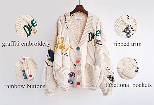 Women's Cute Cable Knit Open Front Cardigan Kawaii Long Sleeve Button Embroidered Sweater Coat Outwear3