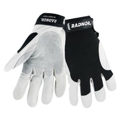 Radnor Large Full Finger Grain Goatskin Mechanics Gloves With Hook And Loop Cuff, Leather Palm And Thumb Reinforcement, Spandex Back And Reinforced