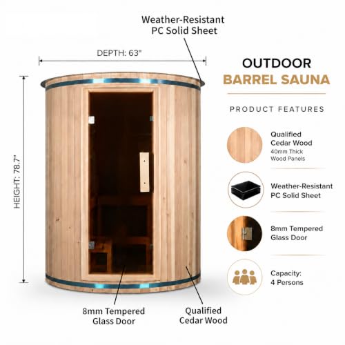 Image of 4 Person Outdoor Vertical Barrel Sauna, Cedar Wood Traditional Sauna | Premium cedar wood construction, 6KW Harvia electric heater, backyard-ready design for garden and home outdoor relaxation