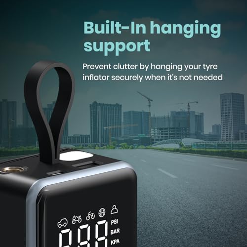 Image of Portronics Vayu 8.0, Digital Rechargeable Tyre Inflator with In-Built Hanging Support, 2x2000mAh Batteries, Auto Shut Off, LED Light, SOS, Pressure Detection, Type-C Charging, for Car /Bike /Ball(Black)