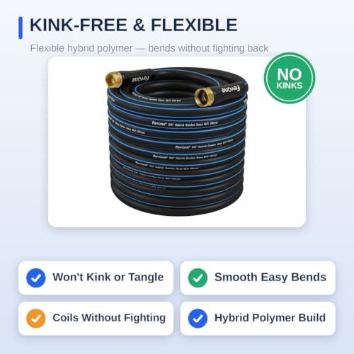 FEVONE Kink Free Garden Hose 75 ft, Heavy Duty Water Hose | Flexible Lightweight, Hybrid Polymer, 5/8 ID, 600 PSI, Leak-Proof, Solid Brass 3/4 GHT Fittings for Garden Watering