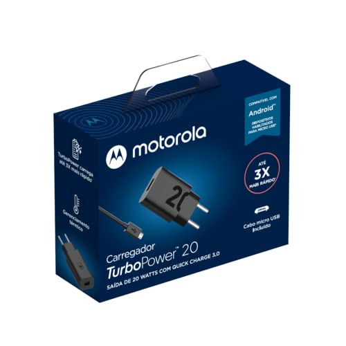 Motorola, Carregador Turbo Power 20W, Cabo 1 Metro, Porta USB-A, Cabo Micro-USB