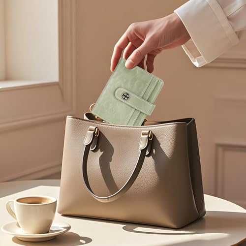Image of RFID Wallet Women,Slim Small Wallets Embossed Flower Leather Bifold Compact Ladies Girls Wallet with Credit Card Holder Zipper Coin Pocket Green