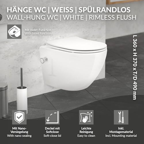 ECD Germany Spülrandloses Hänge WC kurz 49 cm Weiß mit Bidet-Funktion, Nano Beschichtung, Wand-WC Keramik, Toilette mit WC-Sitz abnehmbar Duroplast Softclose Absenkautomatik, Tiefspüler Lotus Effekt – Bild 3
