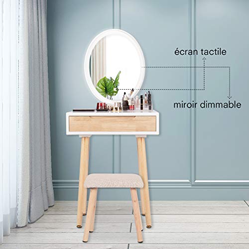 YU YUSING Tocador con LED iluminación, 1 cajones, Organizador extraíble, Mesa cosmética con Taburete tapizado, para Dormitorio, vestidor，Moderno, Espejo Ovalado, Color de Madera
