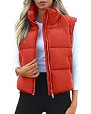 Polu Cropped Puffer Vest Women Sleeveless Stand Collar Padded Gilet Winter Lightweight Puffy Vest(Orange,M)