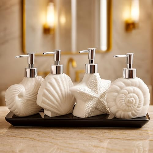 Image of Whizzo Ceramic Shell Shaped Liquid Soap Dispenser with Chrome Pump | Elegant Bathroom & Kitchen Accessory | White Glossy Finish | Refillable Handwash Lotion Bottle (420ML, LD-212, Design4)