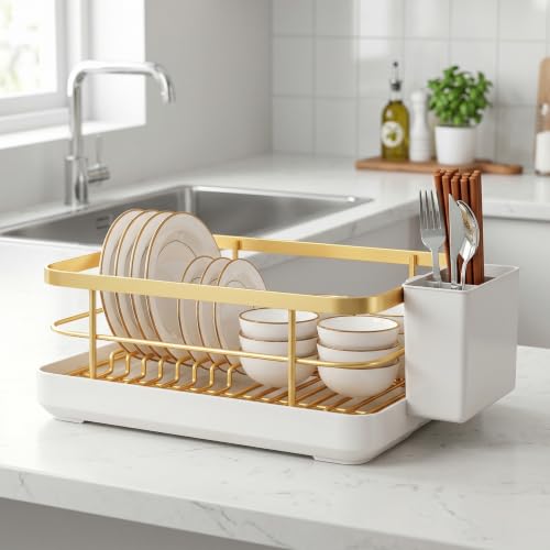 Escurridor de platos de cocina dorado de gran capacidad para mantener tu encimera limpia 3