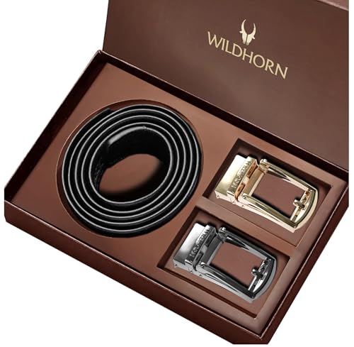 Image of WildHorn Men's Leather Belt Gift Set | Genuine Leather belt Strap with 2 Interchangeable Buckles | Formal & Casual Wear Adjustable Belt | Automatic lock leather belt for men