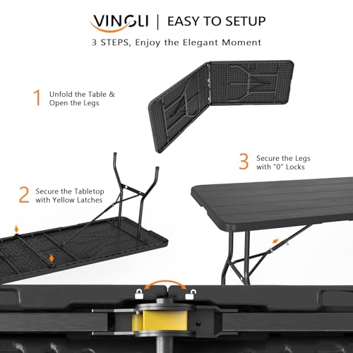 VINGLI 8 Foot Plastic Folding Table Portable Long Table for Indoor Outdoor Use Rectangular with Carrying Handle, Black