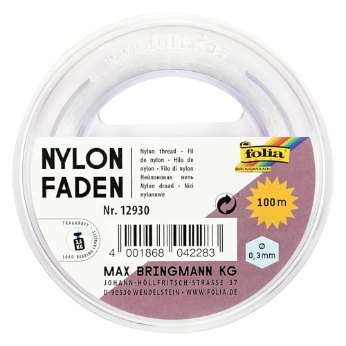 folia 12930 - Nylonfaden auf Spule, ca. 0,3 mm x 100 m, Transparent, Tragkraft 2,5 kg, kaum sichtbarer Faden für Mobiles, Schmuck, zur Dekoration usw.