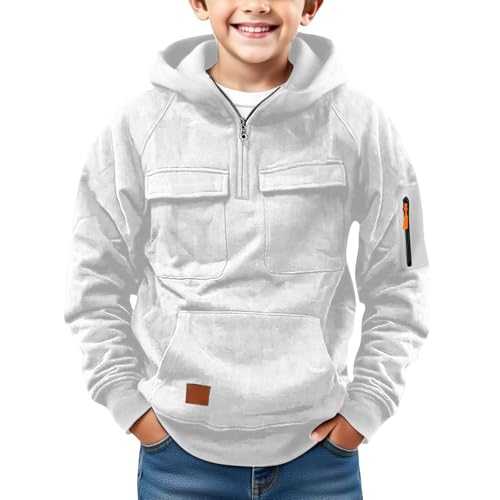Boys Cargo Zipper Pockets Hoodies Half Zip up Pullover Hoodie Sweatshirts Youth Kids Fleece Warm Fall Tops Clothes