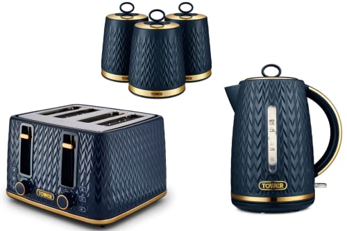 TOWER Empire Midnight Blue 1.7L 3KW Jug Kettle, 4 Slice Toaster and Set of 3 Tea, Coffee & Sugar Canisters. Stylish Art Deco Design Kitchen Set of 5 Items