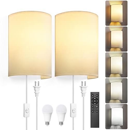 Plug in Wall Sconces,Stepless Colors 2700K-6500K & Stepless Dimming,Wall Sconces Set of Two with Remote & Switch Control,Plug in Wall Light with Timer,Wall Lamp with Plug in Cord,Bulbs Included,White
