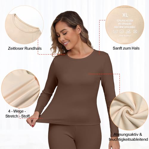 IWOLLENCE Thermo Unterhemd Damen Langarm Rundhals Fleece Warmes Thermo Top Damen Thermounterwäsche Ohne Etikett Weiches Thermooberteil Winterwäsche (Kaffee, M)