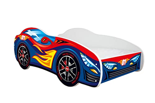 Lit d'enfant 140 x 70 [cm] avec un matelas. Lit voiture – RACING CAR – Rouge - Bleu