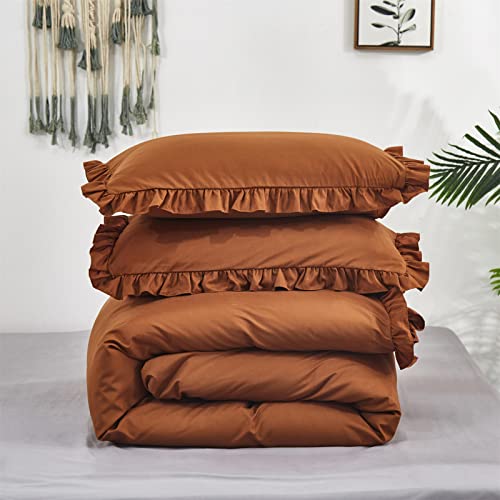 Cottonight Pumpkin Ruffle Comforter Set Queen Shabby Farmhouse Bedding Comforter Set Full Rust Terracotta Cotton Blanket Quilt Rust Reddish Brown Comforter Set For Women Men Adult Kids #TOP4