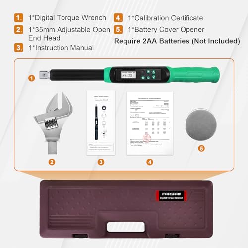 Marsram Adjustable Digital Torque Wrench, 5-99.6ft.lbs/6.8-135N.m, 5-35mm Jaw, Open End Interchangeable Electronic Torque Wrench With Buzzer And LED, For HVAC Car Moto Repair Tool, Calibrated