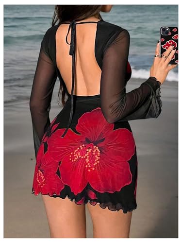 Image of MakeMeChic Women's Floral Print Long Sleeve Mini Dress Mesh Backless Y2k Going Out Dresses