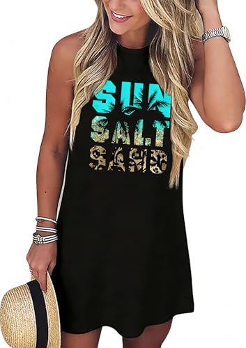 Image of Sun Salt Sand Coconut Tree Tank Mini Dress for Women Sleeveless Beach Praty Shirts Summer Vacation Short Mini Dresses