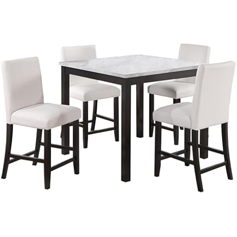 simple relax 5 Piece Marble Top Counter Height Dining Set with Faux Leather Upholstered Seat, White/Espresso Cover