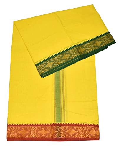 Image of TUNI MANI Men's Panchakacham Dhoti with Angavasthram Towel, Jari Border, 100% Cotton, Size: 9 X 5 (4.0mtr Dhoti, 2.25mtr Towel) (Unstitched)