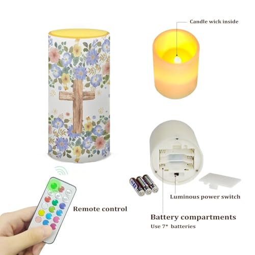 Image of Poceacles Floral Cross Flameless Candle Electric LED Lights with Dancing Flame, with Timer Remote 12 Color Lights, 3 AAA Batteries Operated (Not Include), Exquisite Home Decoration