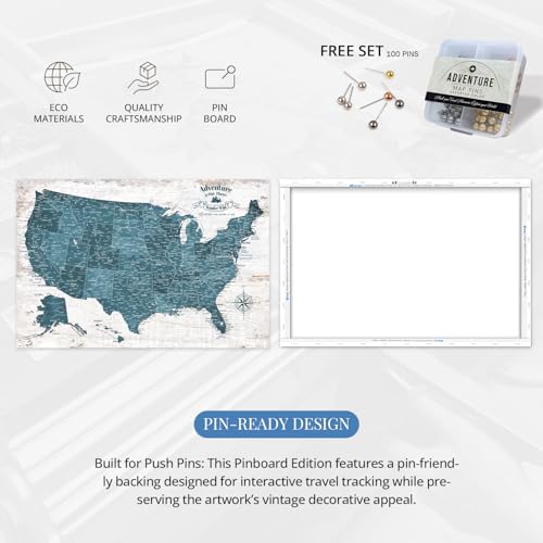 Image of IPIC - Antique Blue USA Travel Map, Pin Board Canvas Wall Art, Travel Map with Pins Included, Ready to Hang for Home or Office, 24x16 Inch