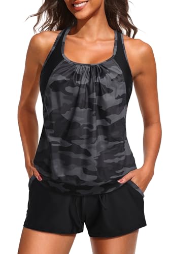 Daci Camo Tankini Swimsuits for Women - 2025 Tummy Control Two Piece Bathing Suit with Sporty Pockets Shorts Blouson Swimwear L