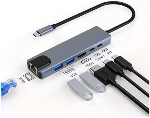 Image of Black-r USB C Hub 6-in-1 Multiport Adapter Aluminum Shell with 4K HDMI Port and RJ45 Ethernet, PD 100W with Type C Port, 2 USB 3.0 Ports Hub for MacBook Pro /Air M1 /M2 /M3, iPad Pro, Surface Pro, XPS