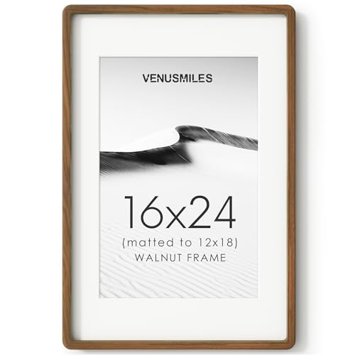 Image of 16x24 Poster Frame, USA-Sourced Natural Walnut Wood Picture Collage Frame with HD Tempered Glass, 16 x 24 Wooden Photo Frame Matted to 12x18, Vertical & Horizontal Wall Hanging Display
