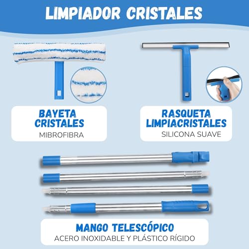 Limpiacristales Telescopico con Rasqueta Limpiacristales + Paños Microfibra | 2 Cabezales Intercambiables con Palo Extensible | Ideal Ventanas Altas, Mamparas y Coche | Incluye Bolsa para Guardar - imagen 3