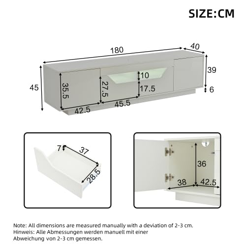 Mobile TV basso con 2 cassetti, 2 armadi, ripiani semiaperti, interruttori di rimbalzo, illuminazione controllata da app, superficie lucida per TV fino a 75", lunghezza 180 cm, colore bianco