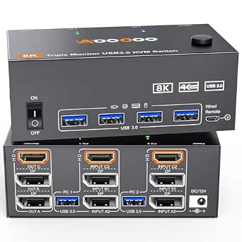 8K@60Hz HDMI and DisplayPort KVM Switch for 3 Monitors and 2 Computers