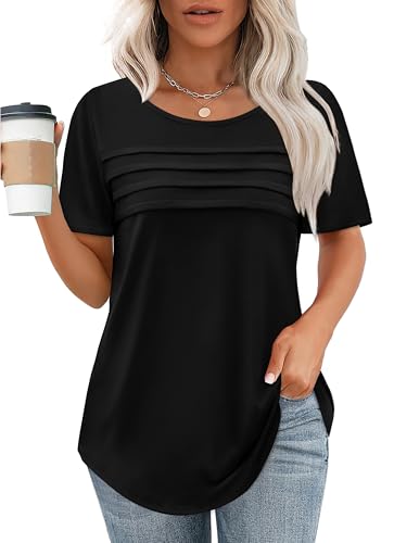 XIEERDUO Black T Shirts for Women Business Casual Short Sleeve Blouse Summer Dressy Tops Spring Flattering Tshirts Ladies Going Out Curved Hem Tshirts-Hide Belly Fat Women's Tunic Leggings M
