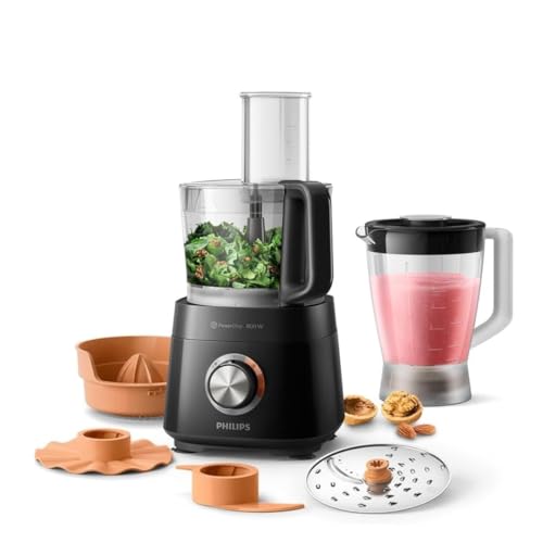 Philips Robot Multifonction Compact – 800W, 29 Fonctions, Bol de 2.1L, Ultra Puissant, Lame en Acier Inoxydable (HR7510/10) – Noir