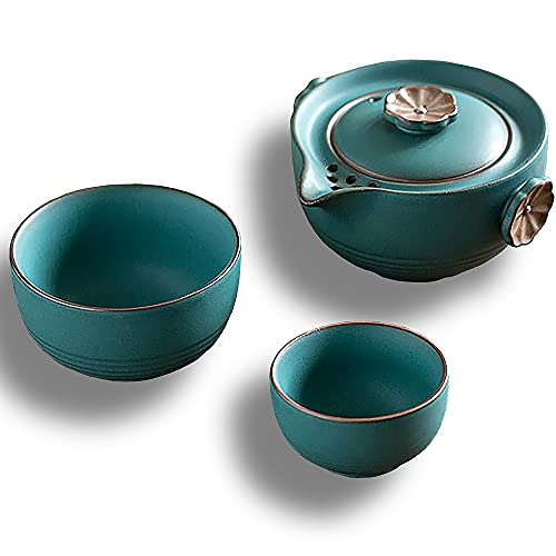 LOVE MIYABI トラベル用茶器セット 2人用 超コンパクト収納 アウトドアで美味しいお茶を簡単に 旅行/お出かけ用 中国茶/日本茶/紅茶 ピクニック キャンプ 登山 茶壺 急須 茶杯2個 グッドデザイン 専用保護ケース付き 陶器製 携帯用茶具 旅行