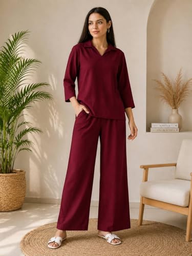 Image of Women's Co Ord Set for Women - Relaxed Fit Collared Top with 3 /4 Sleeves & Wide Leg Palazzo Pants, Casual Lounge Wear Matching Outfit for Daily Wear, Travel & Office