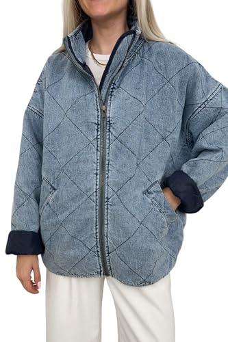 utcoco Women's Oversized Long Sleeve Denim Jacket Casual Loose Fit Zip Up Jean Quilted Jackets Coat with Pockets